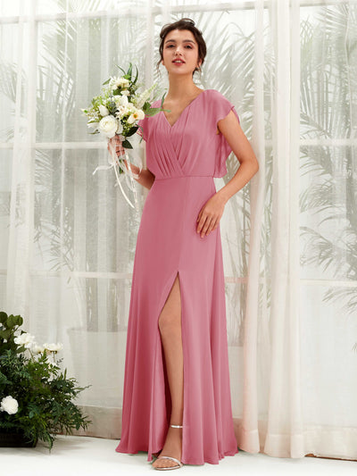 Carlyna Annie A-Line Desert Rose Bridesmaid Dress Maxi Cap Sleeve V-Neck Dress Front View #color_desert-rose