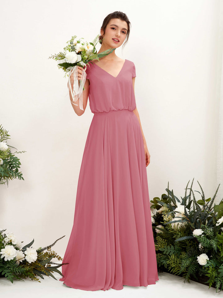 Desert Rose Bridesmaid Dresses Bridesmaid Dress A-line Chiffon V-neck Full Length Short Sleeves Wedding Party Dress (81221811)