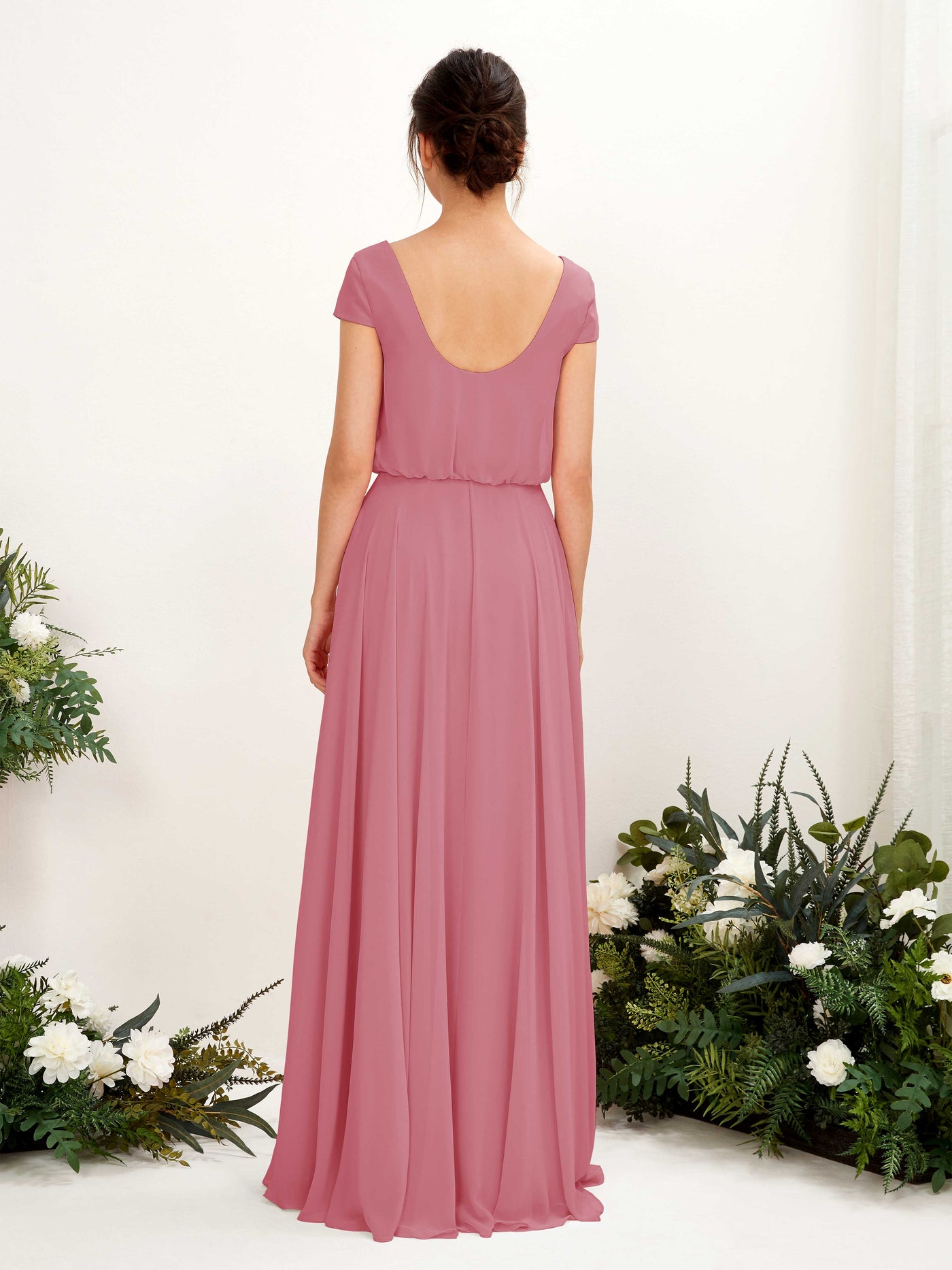 Desert Rose Bridesmaid Dresses Bridesmaid Dress A-line Chiffon V-neck Full Length Short Sleeves Wedding Party Dress (81221811)#color_desert-rose