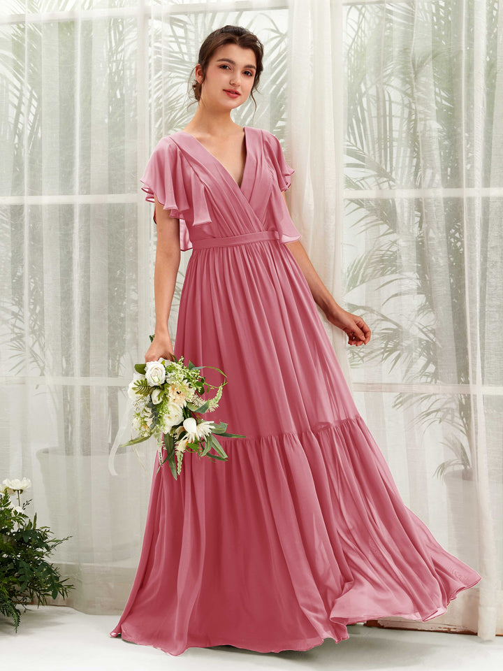 Desert Rose Bridesmaid Dresses Bridesmaid Dress A-line Chiffon V-neck Full Length Short Sleeves Wedding Party Dress (81225911)