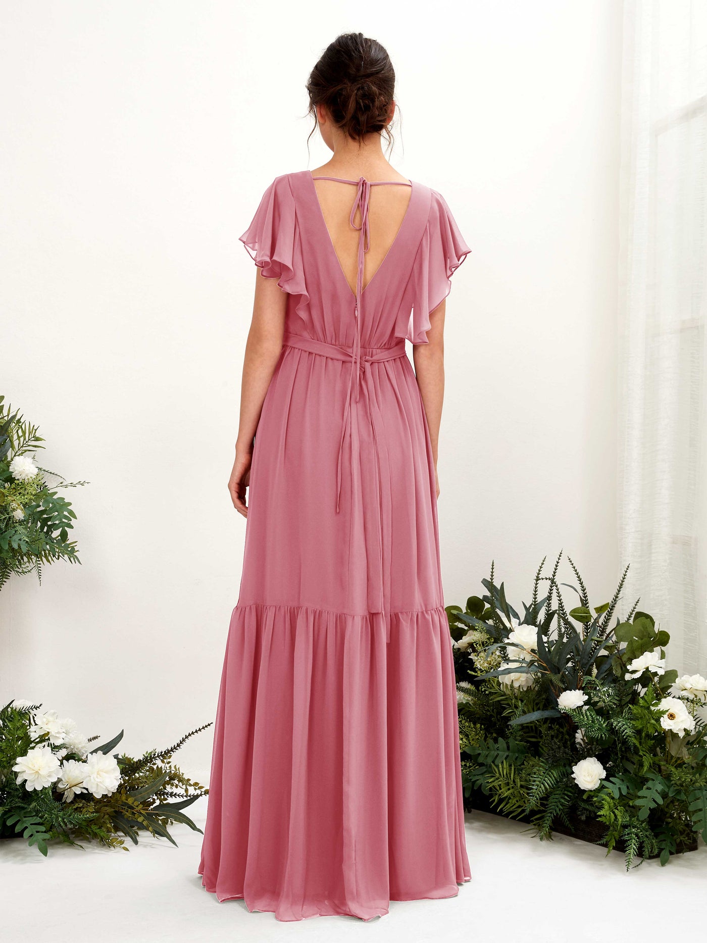 Desert Rose Bridesmaid Dresses Bridesmaid Dress A-line Chiffon V-neck Full Length Short Sleeves Wedding Party Dress (81225911)#color_desert-rose