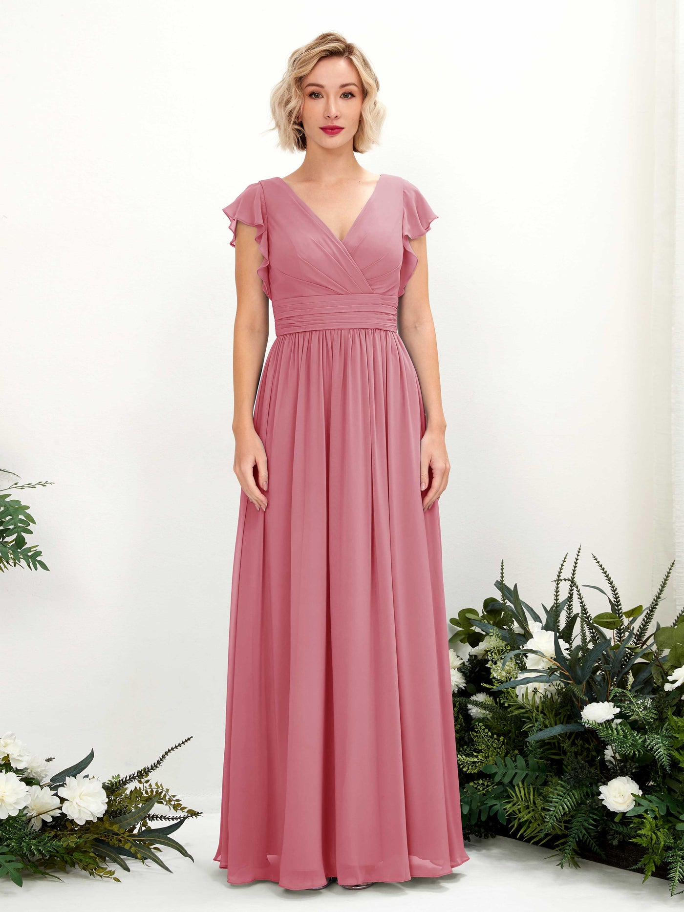 Desert Rose Bridesmaid Dresses Bridesmaid Dress A-line Chiffon V-neck Full Length Short Sleeves Wedding Party Dress (81222711)#color_desert-rose