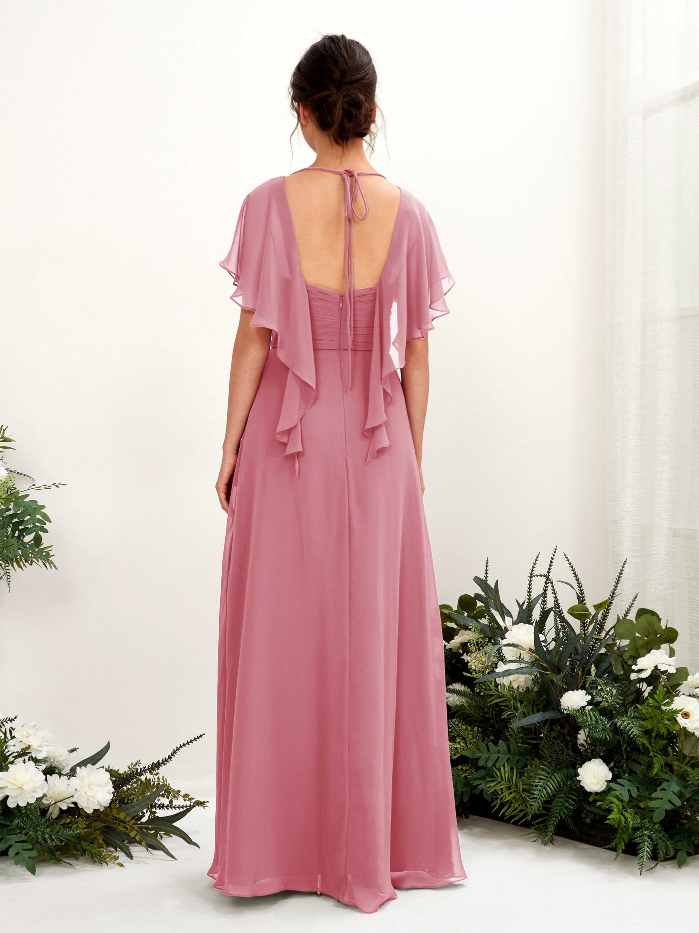 Open back V-neck Short Sleeves Chiffon Bridesmaid Dress - Desert Rose (81226111)#color_desert-rose