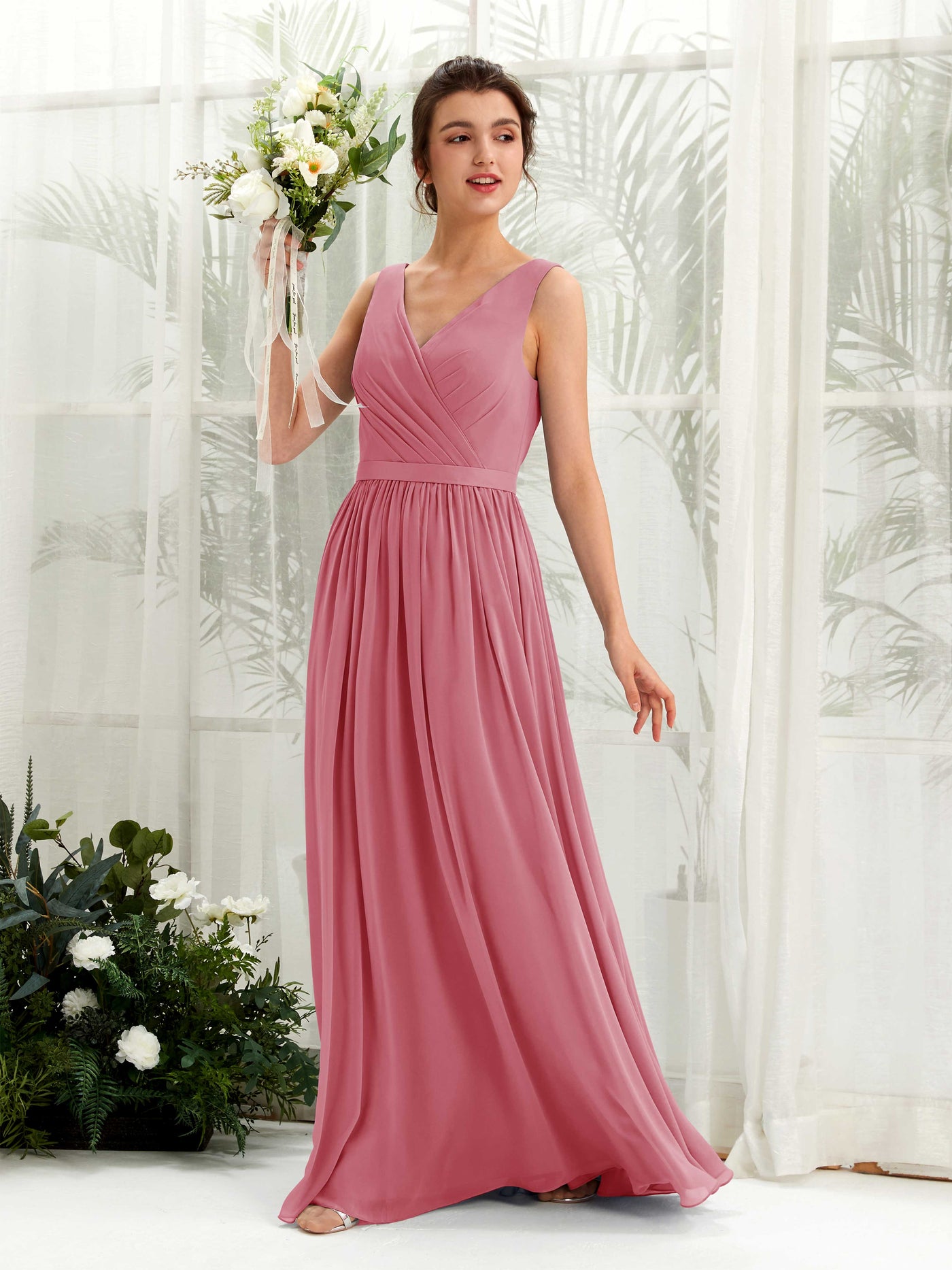 Desert Rose Bridesmaid Dresses Bridesmaid Dress A-line Chiffon V-neck Full Length Sleeveless Wedding Party Dress (81223611)#color_desert-rose