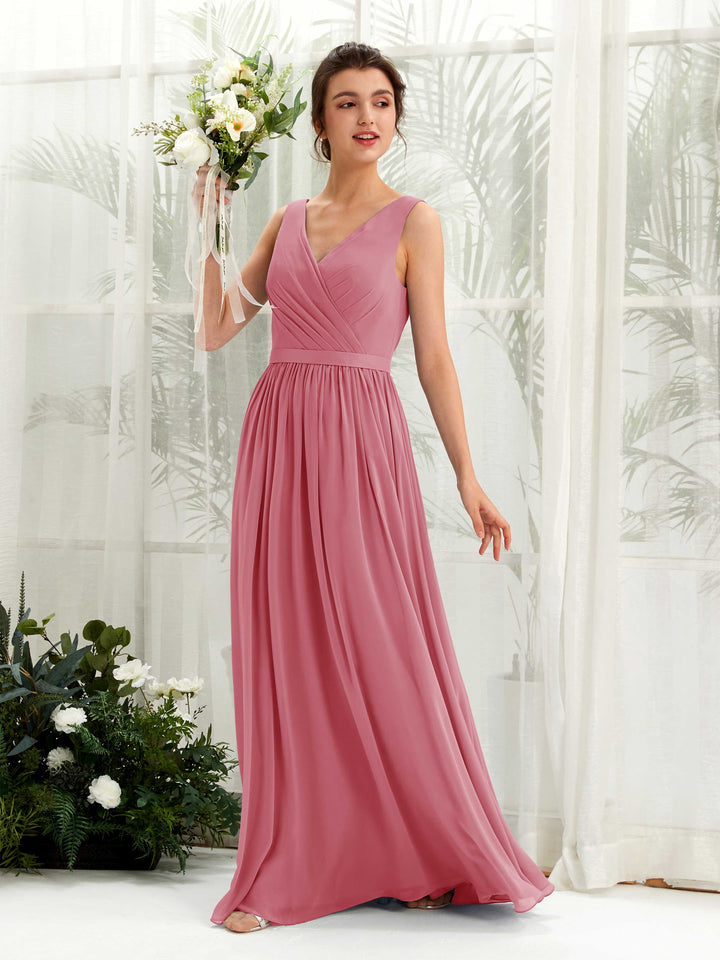 Desert Rose Bridesmaid Dresses Bridesmaid Dress A-line Chiffon V-neck Full Length Sleeveless Wedding Party Dress (81223611)