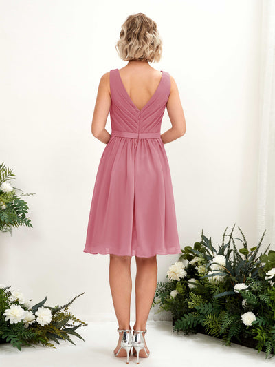 Carlyna Natasha A-Line Desert Rose Bridesmaid Dress Knee-Length Sleeveless V-Neck Dress Back View #color_desert-rose