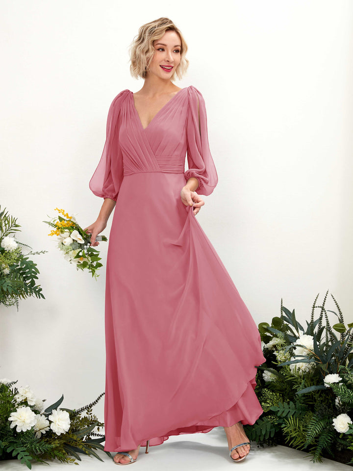Desert Rose Bridesmaid Dresses Bridesmaid Dress Chiffon V-neck Full Length Long Sleeves Wedding Party Dress (81223511)
