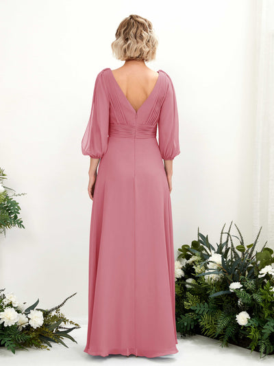 Carlyna Antonia A-Line Desert Rose Bridesmaid Dress Maxi Three Quarter Sleeve V-Neck Dress Back View #color_desert-rose