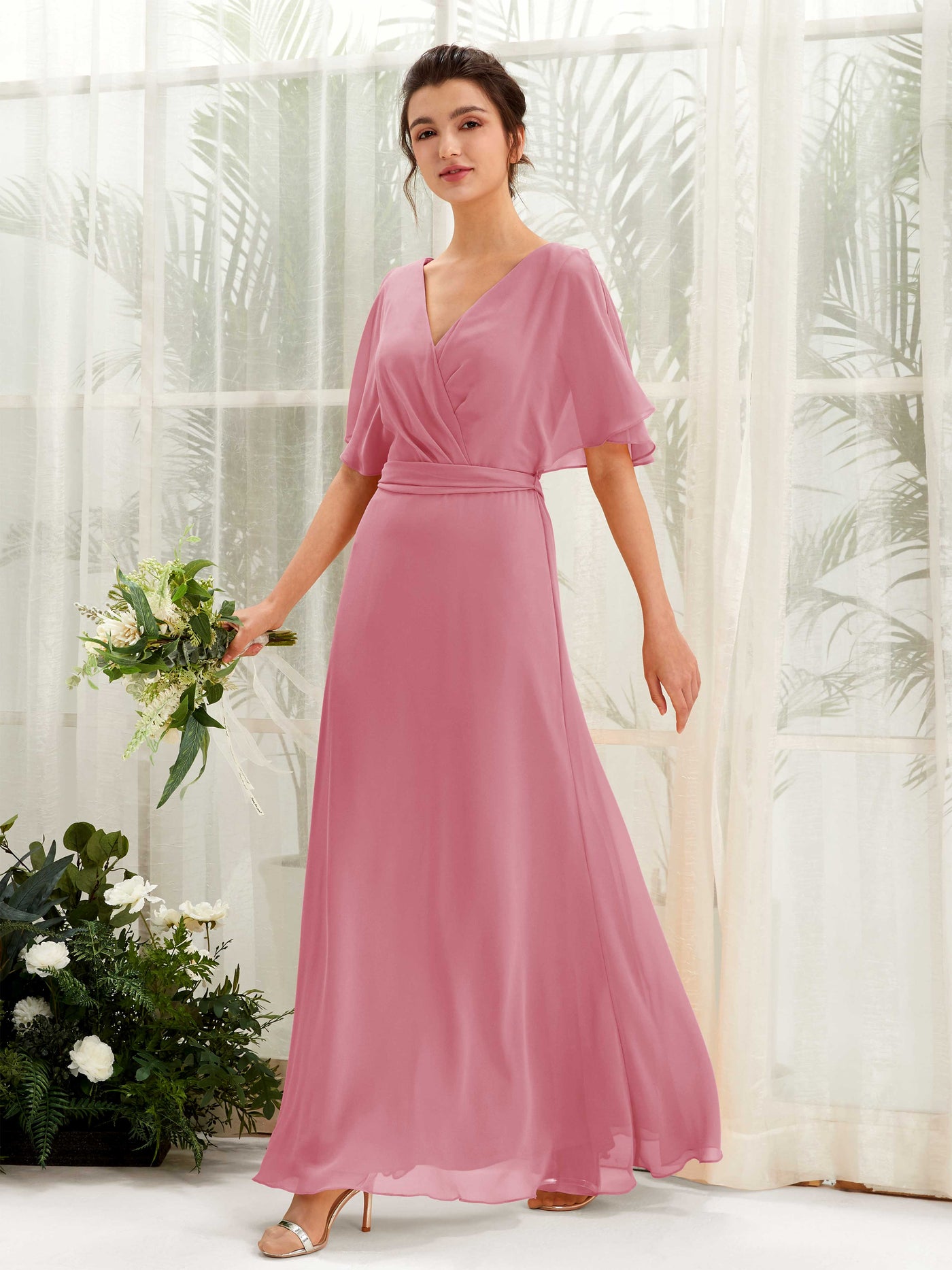 Desert Rose Bridesmaid Dresses Bridesmaid Dress A-line Chiffon V-neck Full Length Short Sleeves Wedding Party Dress (81222411)#color_desert-rose