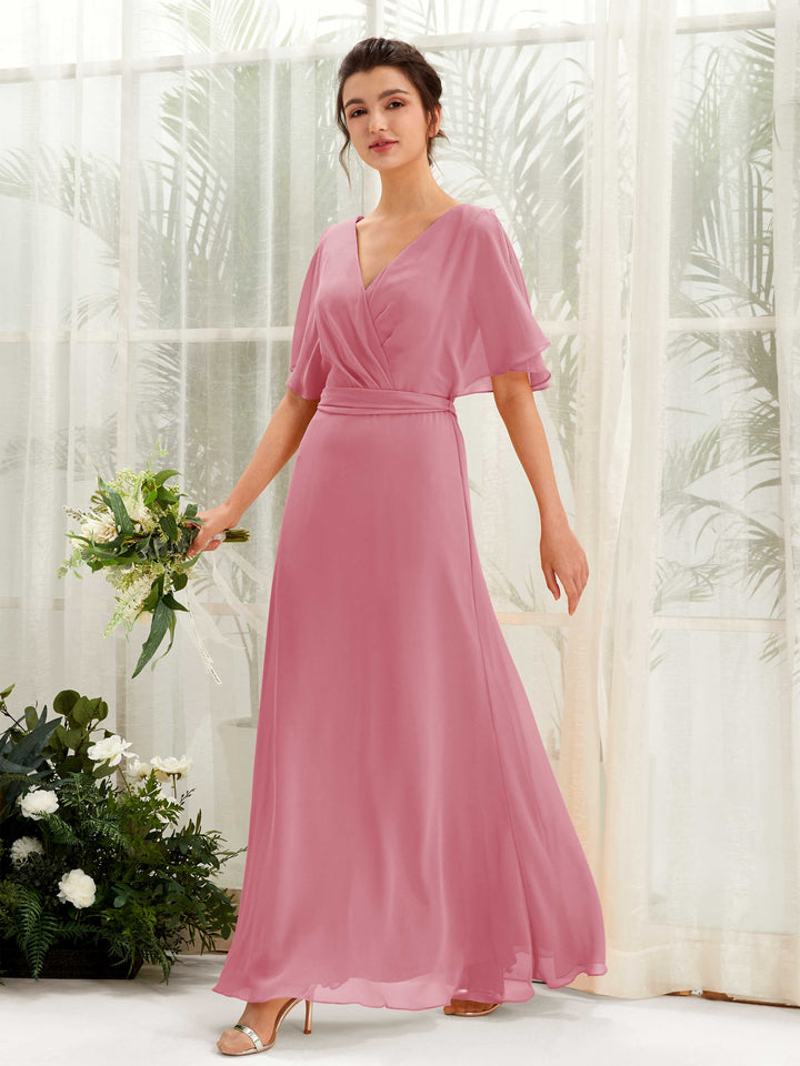 Desert Rose Bridesmaid Dresses Bridesmaid Dress A-line Chiffon V-neck Full Length Short Sleeves Wedding Party Dress (81222411)