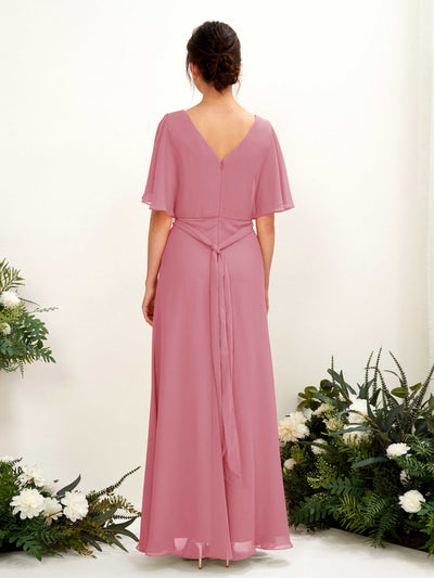 Carlyna Merta A-Line Desert Rose Bridesmaid Dress Maxi Short Sleeve V-Neck Dress Back View #color_desert-rose