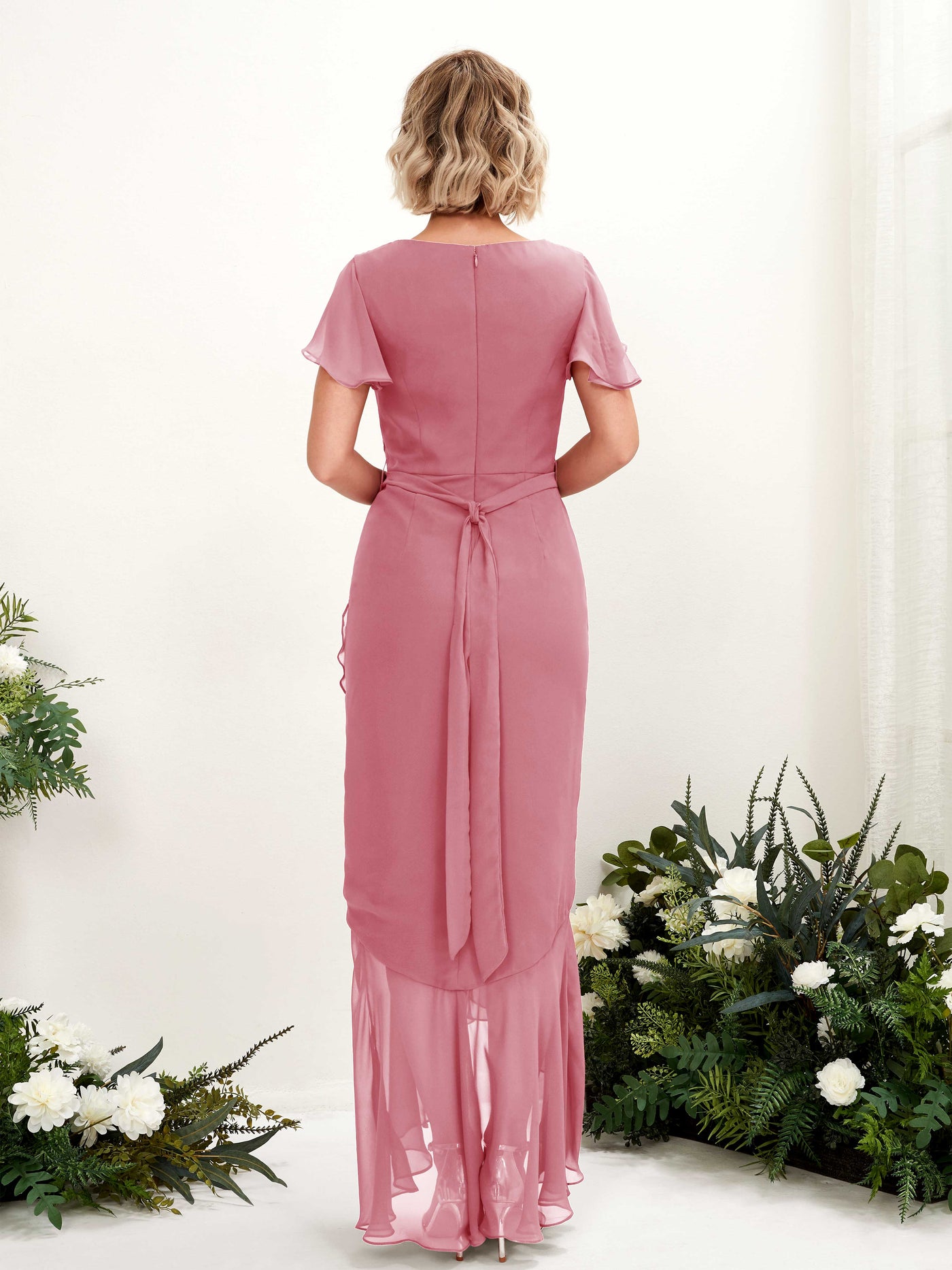V-neck Short Sleeves Chiffon Bridesmaid Dress - Desert Rose (81226211)#color_desert-rose