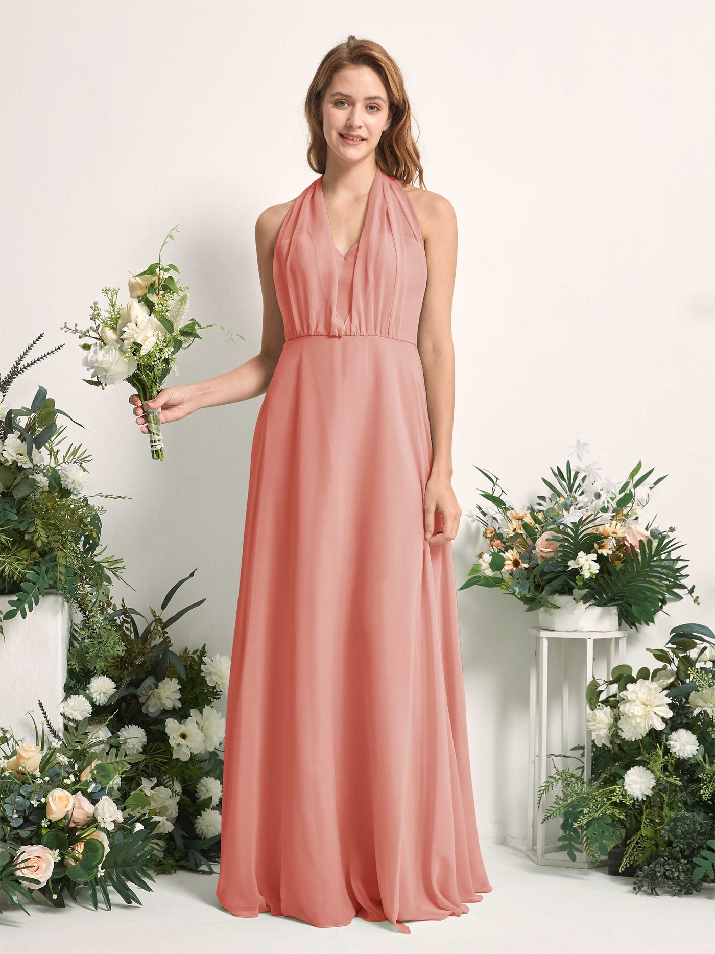 Champagne Rose Bridesmaid Dresses Bridesmaid Dress A-line Chiffon Halter Full Length Short Sleeves Wedding Party Dress (81226306)#color_champagne-rose