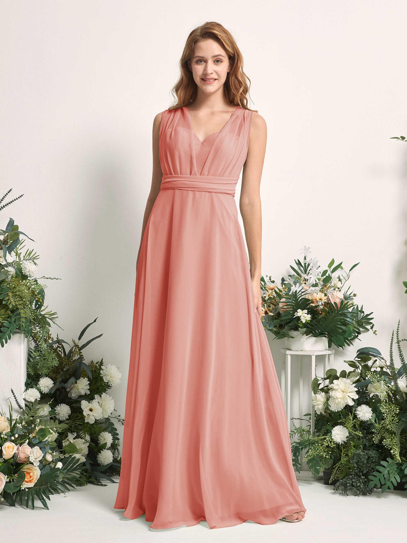 Champagne Rose Bridesmaid Dresses Bridesmaid Dress A-line Chiffon Halter Full Length Short Sleeves Wedding Party Dress (81226306)#color_champagne-rose
