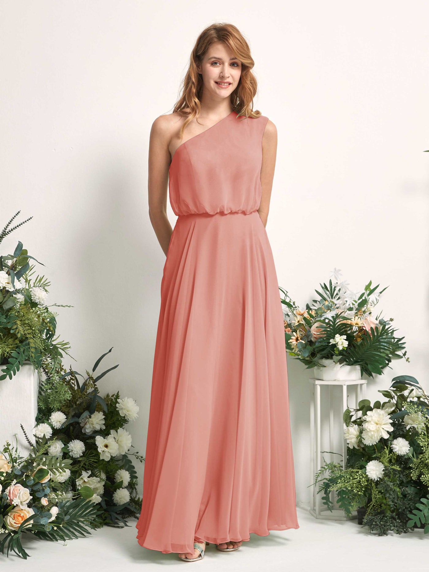 Bridesmaid Dress A-line Chiffon One Shoulder Full Length Sleeveless Wedding Party Dress - Champagne Rose (81226806)#color_champagne-rose