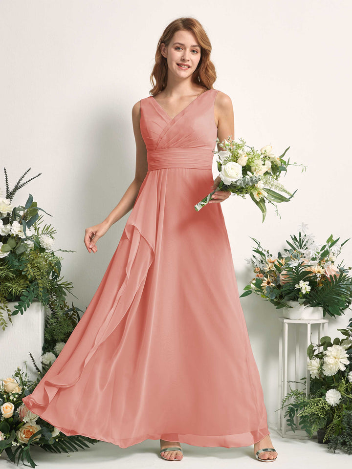 Bridesmaid Dress A-line Chiffon V-neck Full Length Sleeveless Wedding Party Dress - Champagne Rose (81227106)