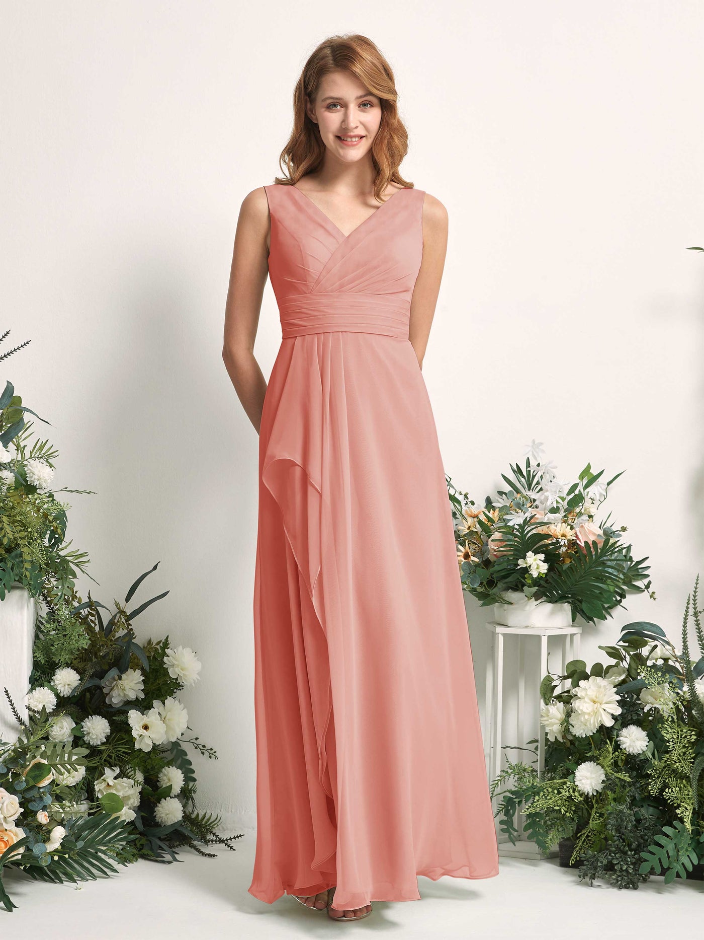 Bridesmaid Dress A-line Chiffon V-neck Full Length Sleeveless Wedding Party Dress - Champagne Rose (81227106)#color_champagne-rose
