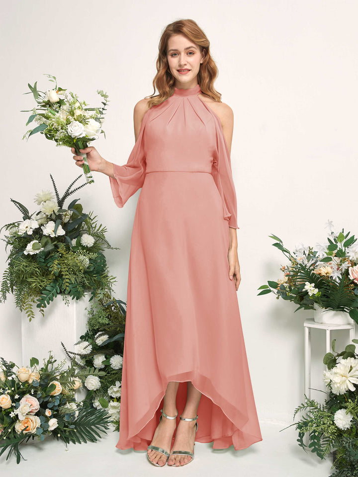 Bridesmaid Dress A-line Chiffon Halter High Low 3/4 Sleeves Wedding Party Dress - Champagne Rose (81227606)