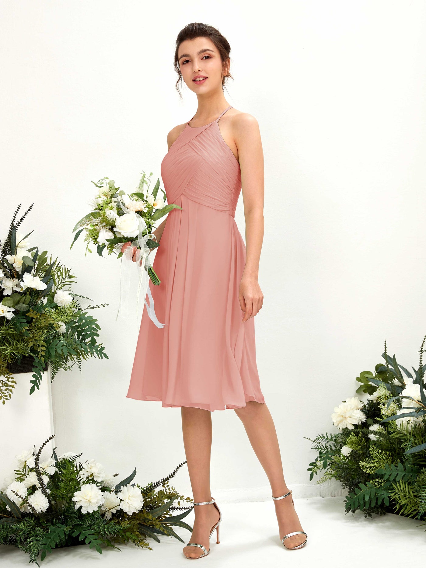 Champagne Rose Bridesmaid Dresses Bridesmaid Dress A-line Chiffon Halter Knee Length Sleeveless Wedding Party Dress (81220406)#color_champagne-rose