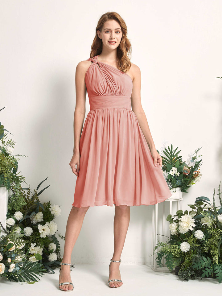 Bridesmaid Dress A-line Chiffon One Shoulder Knee Length Sleeveless Wedding Party Dress - Champagne Rose (81221206)