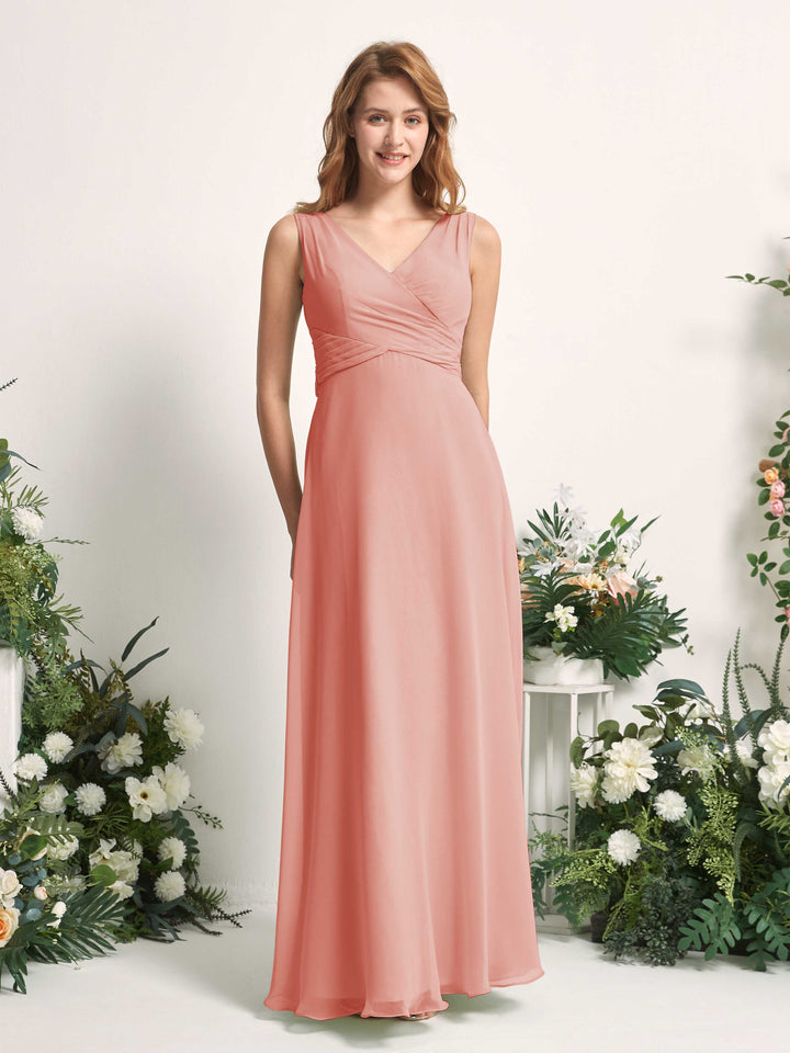 Bridesmaid Dress A-line Chiffon Straps Full Length Sleeveless Wedding Party Dress - Champagne Rose (81227306)