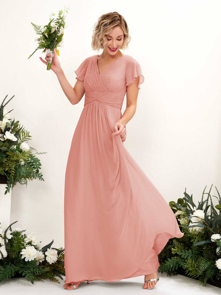 Champagne Rose Bridesmaid Dresses Bridesmaid Dress A-line Chiffon V-neck Full Length Short Sleeves Wedding Party Dress (81224306)