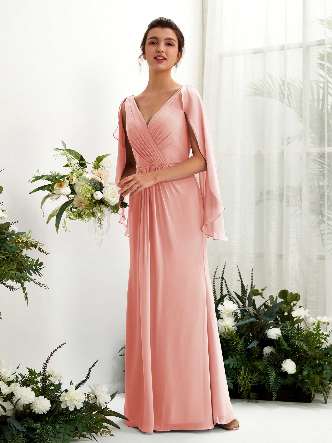 Champagne Rose Bridesmaid Dresses Bridesmaid Dress A-line Chiffon Straps Full Length Long Sleeves Wedding Party Dress (80220106)#color_champagne-rose