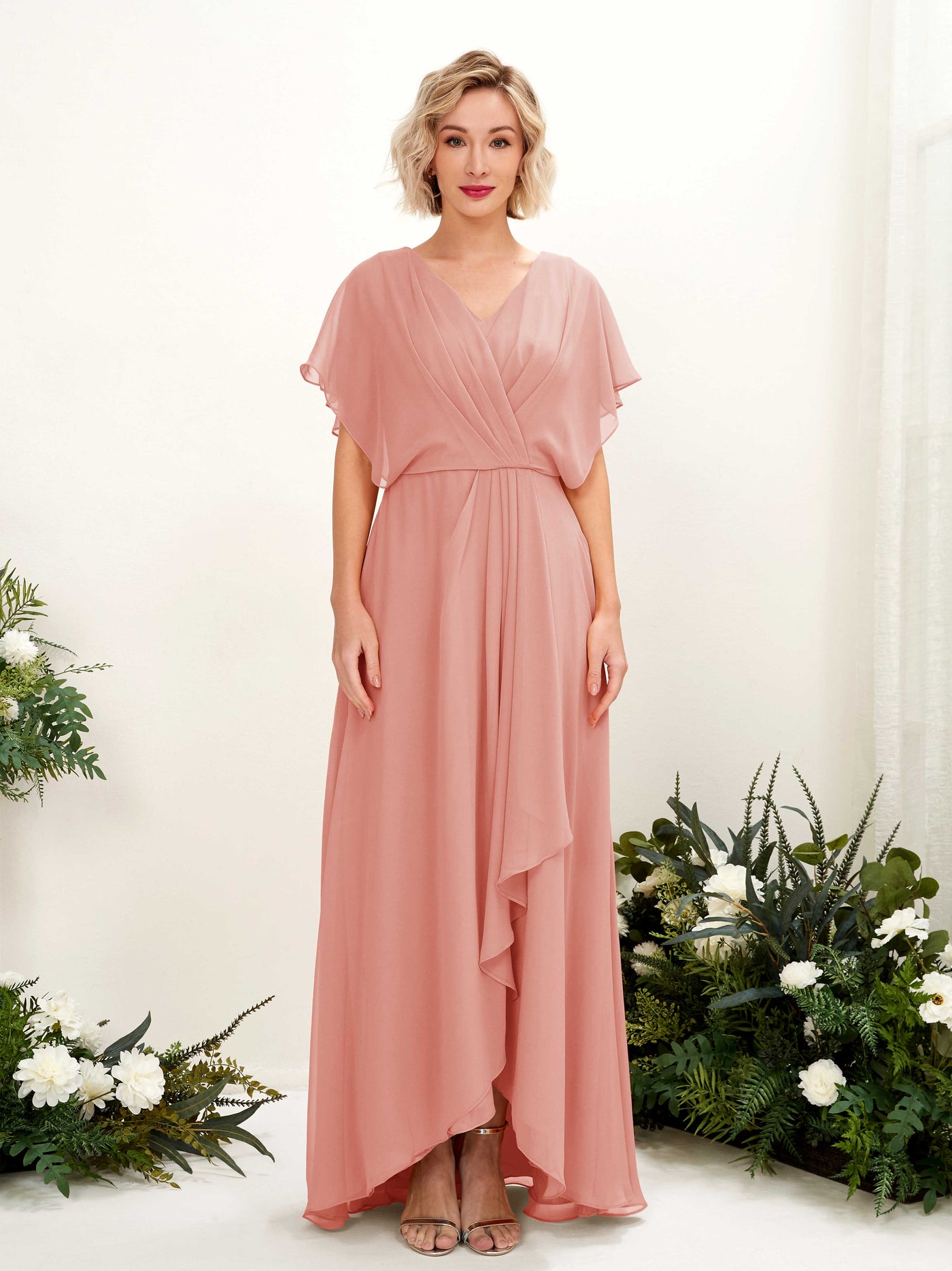 Coral Pink Chiffon V-Neck Bridesmaid Dress A-Line Floor-Length