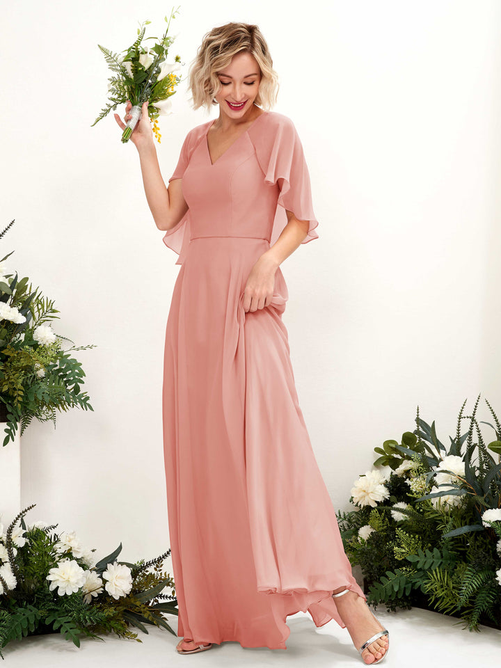 Coral Pink Chiffon V-Neck Bridesmaid Dress A-Line Floor-Length