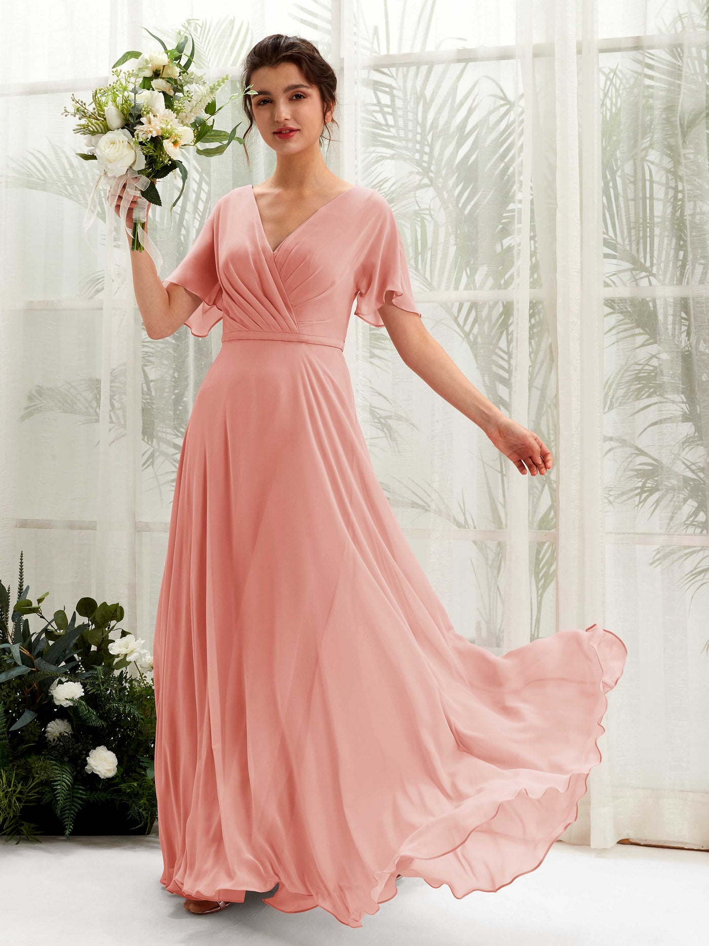 Champagne Rose Bridesmaid Dresses Bridesmaid Dress A-line Chiffon V-neck Full Length Short Sleeves Wedding Party Dress (81224606)#color_champagne-rose