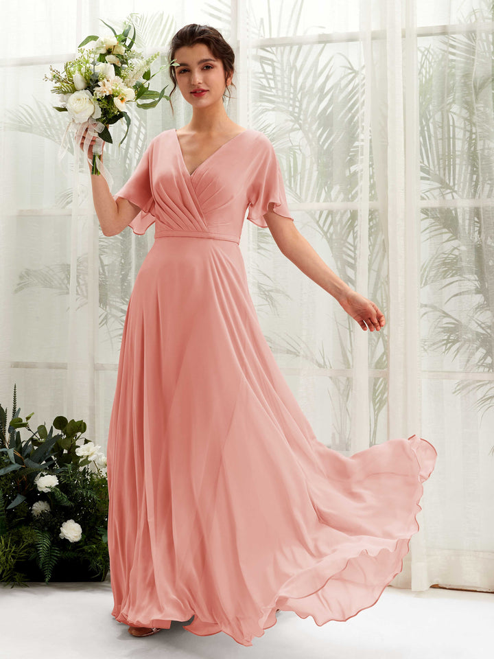 Carlyna Daphne A-Line Champagne Rose Bridesmaid Dress Maxi Short Sleeve V-Neck Dress 