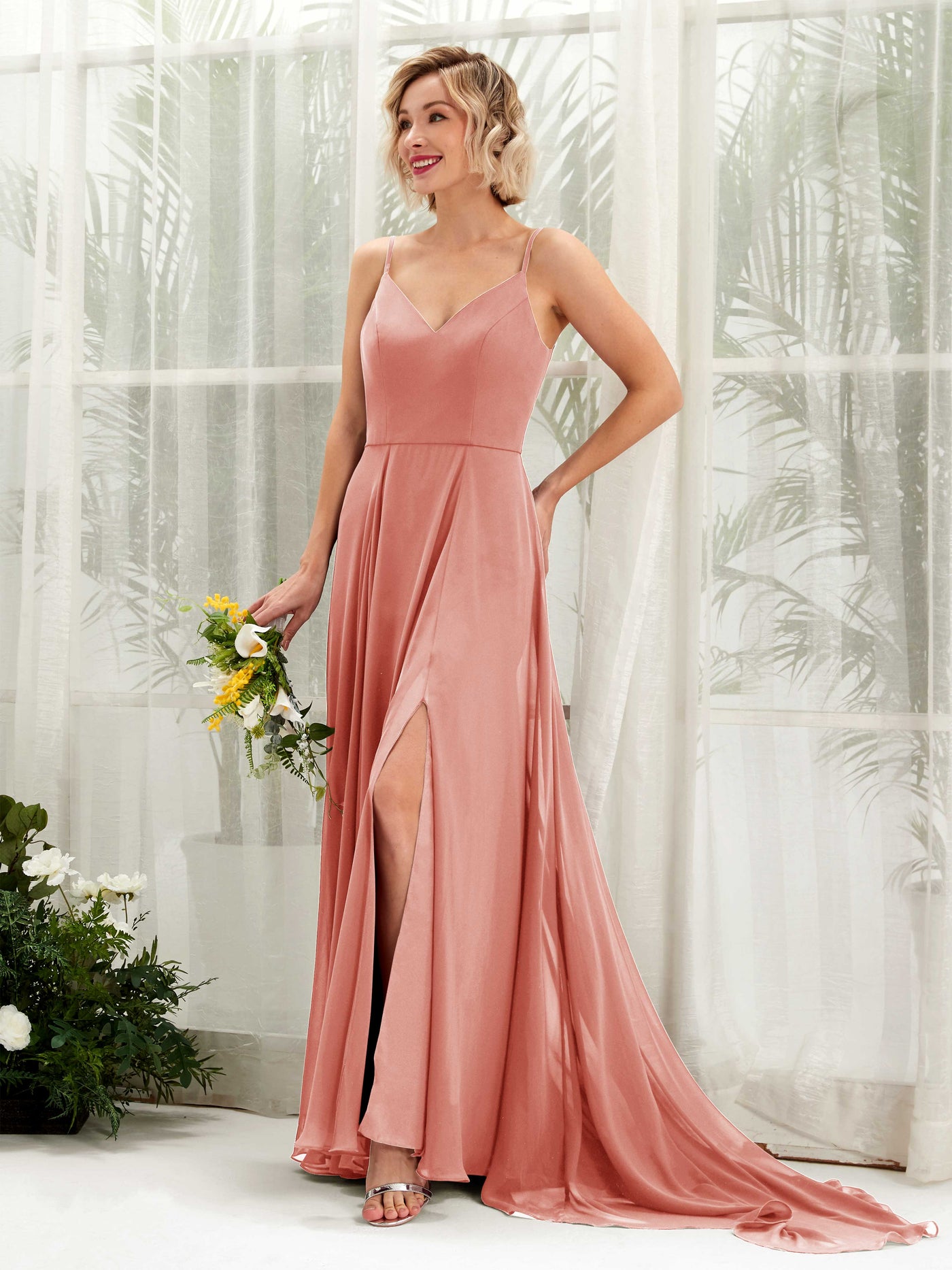 Champagne Rose Bridesmaid Dresses Bridesmaid Dress A-line Chiffon V-neck Full Length Sleeveless Wedding Party Dress (81224106)#color_champagne-rose
