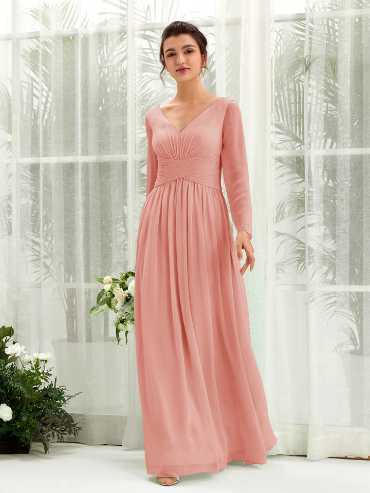 Champagne Rose Bridesmaid Dresses Bridesmaid Dress A-line Chiffon V-neck Full Length Long Sleeves Wedding Party Dress (81220306)