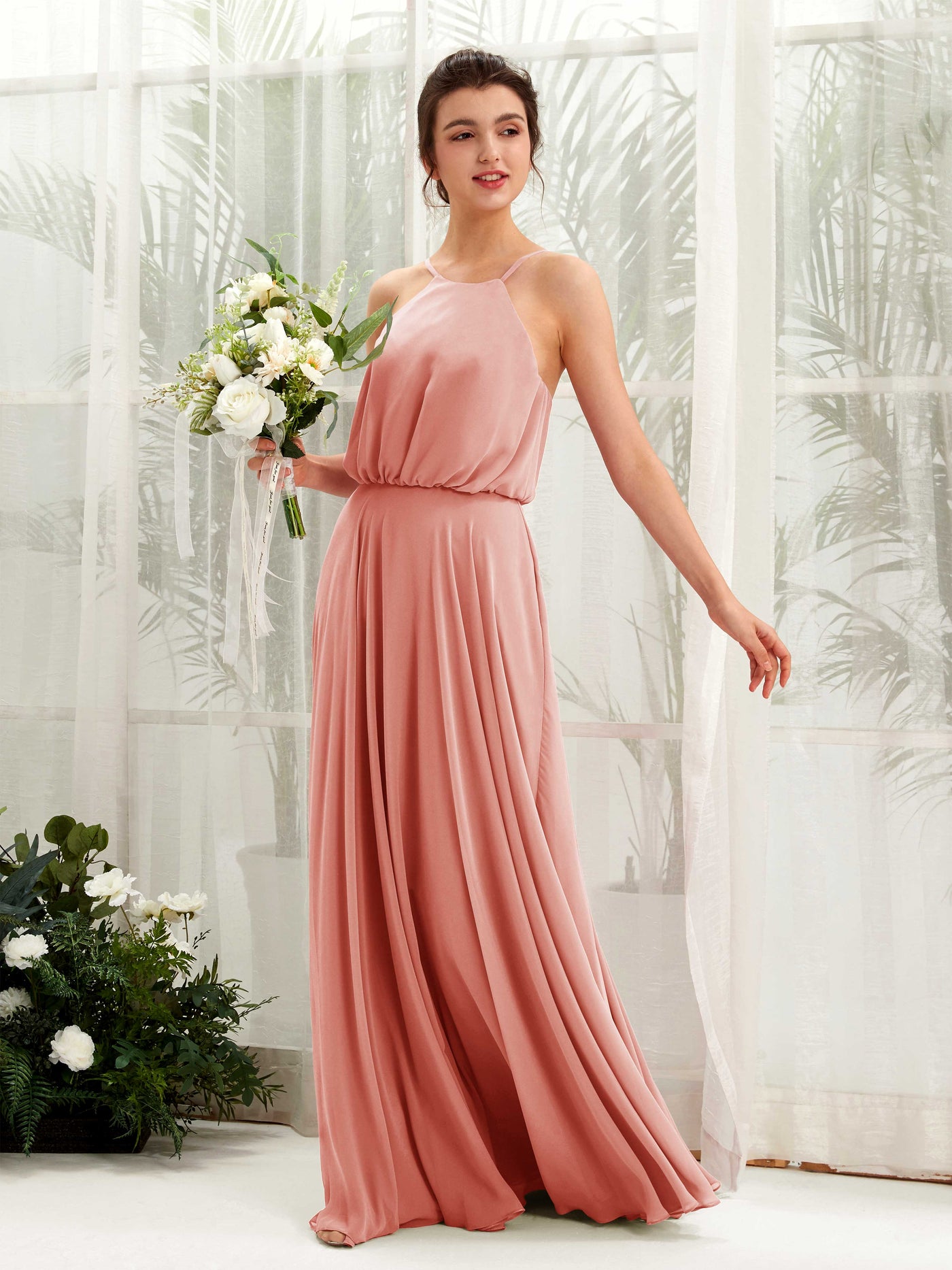 Champagne Rose Bridesmaid Dresses Bridesmaid Dress Ball Gown Chiffon Halter Full Length Sleeveless Wedding Party Dress (81223406)#color_champagne-rose