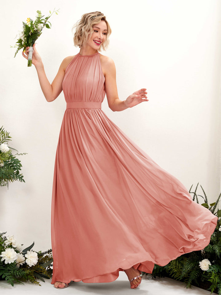 Champagne Rose Bridesmaid Dresses Bridesmaid Dress A-line Chiffon Halter Full Length Sleeveless Wedding Party Dress (81223106)
