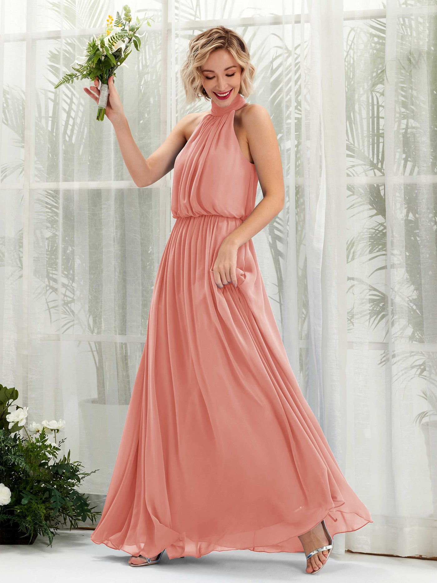 Champagne Rose Bridesmaid Dresses Bridesmaid Dress A-line Chiffon Halter Full Length Sleeveless Wedding Party Dress (81222906)#color_champagne-rose