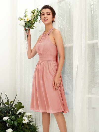 Carlyna Yvonne A-Line Champagne Rose Bridesmaid Dress Knee-Length Sleeveless Round Neck Dress Front View #color_champagne-rose