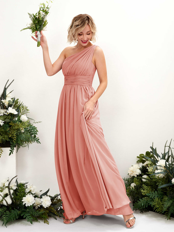 Champagne Rose Bridesmaid Dresses Bridesmaid Dress Ball Gown Chiffon One Shoulder Full Length Sleeveless Wedding Party Dress (81225006)