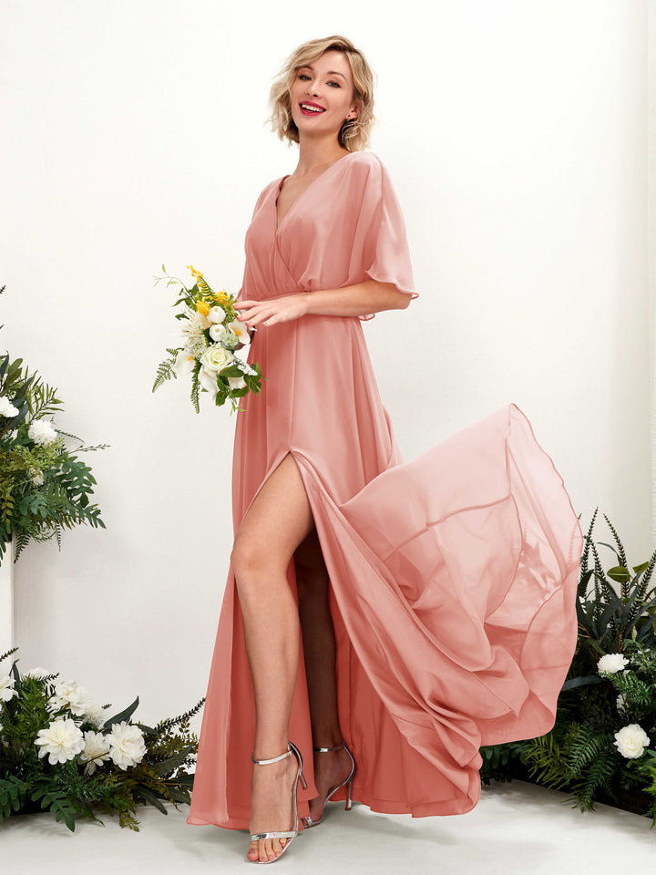 Champagne Rose Bridesmaid Dresses Bridesmaid Dress A-line Chiffon V-neck Full Length Short Sleeves Wedding Party Dress (81225106)