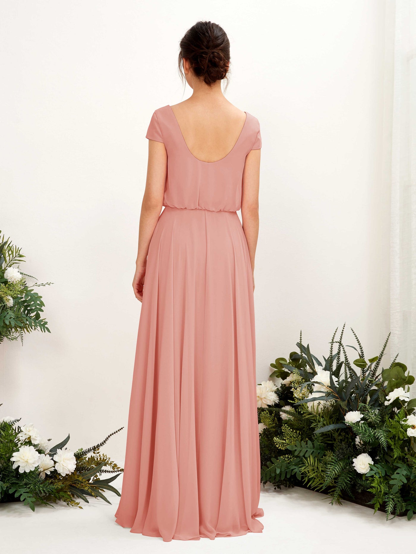 Champagne Rose Bridesmaid Dresses Bridesmaid Dress A-line Chiffon V-neck Full Length Short Sleeves Wedding Party Dress (81221806)#color_champagne-rose