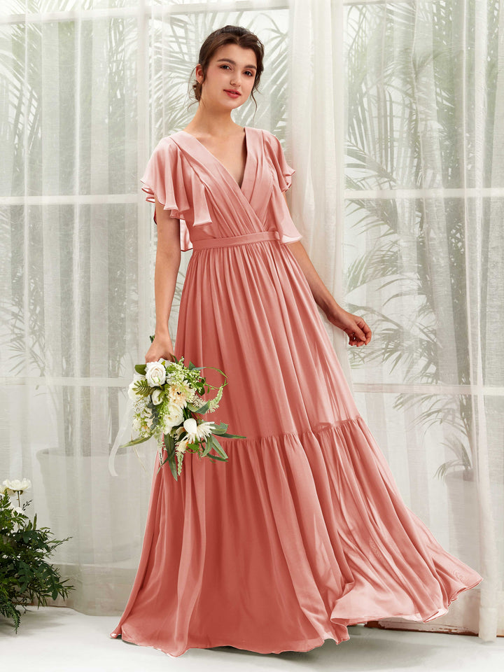 Champagne Rose Bridesmaid Dresses Bridesmaid Dress A-line Chiffon V-neck Full Length Short Sleeves Wedding Party Dress (81225906)