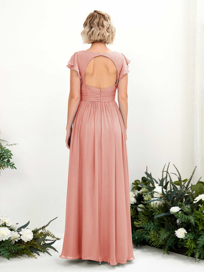 Carlyna Grino A-Line Champagne Rose Bridesmaid Dress Maxi Cap Sleeve V-Neck Dress Back View #color_champagne-rose