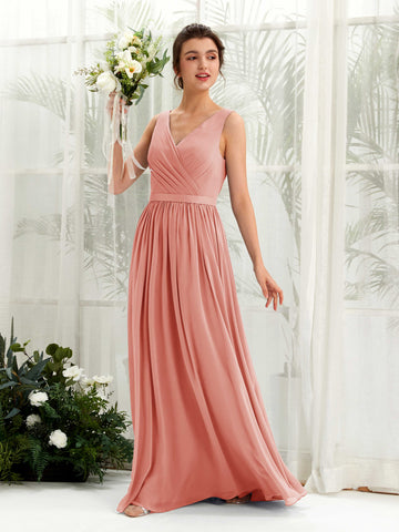 Champagne Rose Bridesmaid Dresses Bridesmaid Dress A-line Chiffon V-neck Full Length Sleeveless Wedding Party Dress (81223606)#color_champagne-rose