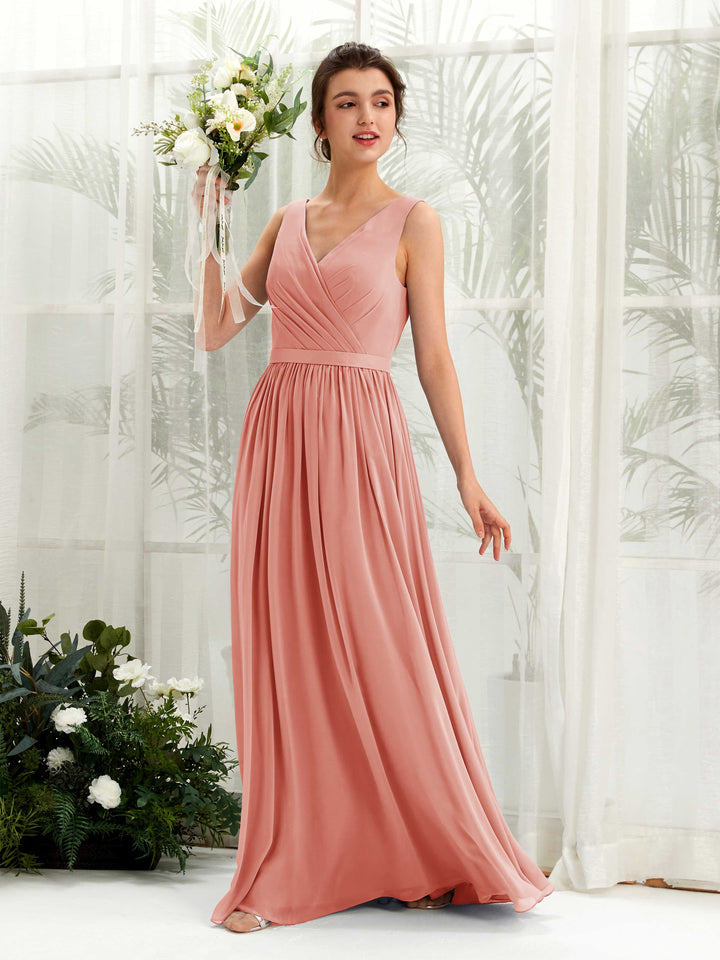 Champagne Rose Bridesmaid Dresses Bridesmaid Dress A-line Chiffon V-neck Full Length Sleeveless Wedding Party Dress (81223606)