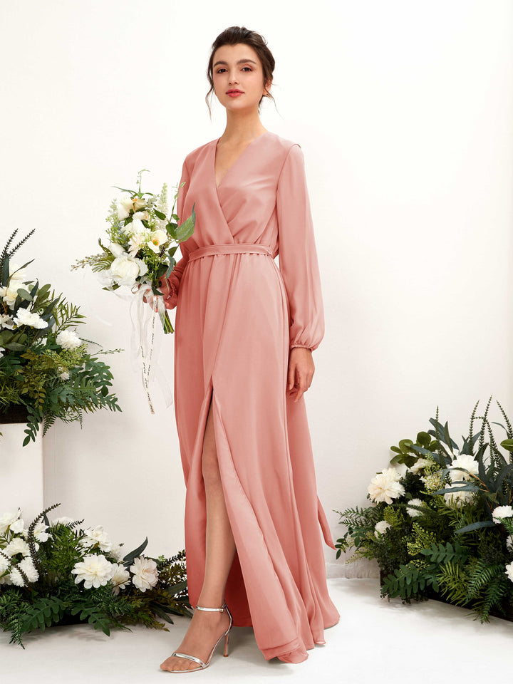 Champagne Rose Bridesmaid Dresses Bridesmaid Dress A-line Chiffon V-neck Full Length Long Sleeves Wedding Party Dress (81223206)