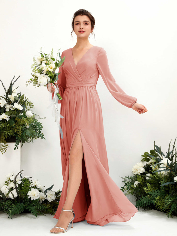 Champagne Rose Bridesmaid Dresses Bridesmaid Dress A-line Chiffon V-neck Full Length Long Sleeves Wedding Party Dress (81223806)