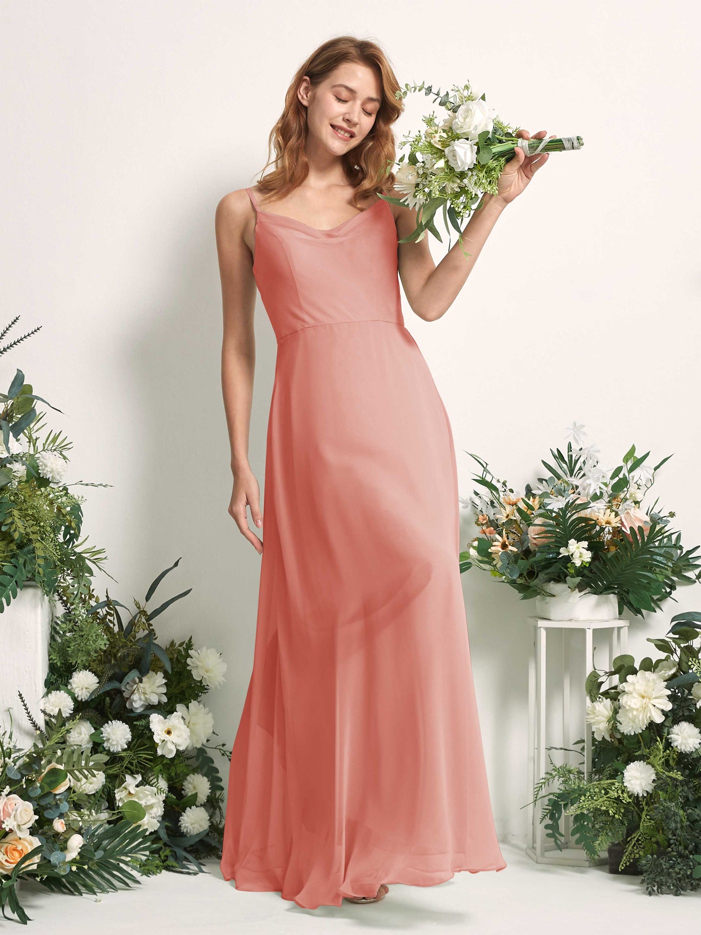 Bridesmaid Dress A-line Chiffon Spaghetti-straps Full Length Sleeveless Wedding Party Dress - Champagne Rose (81227206)#color_champagne-rose