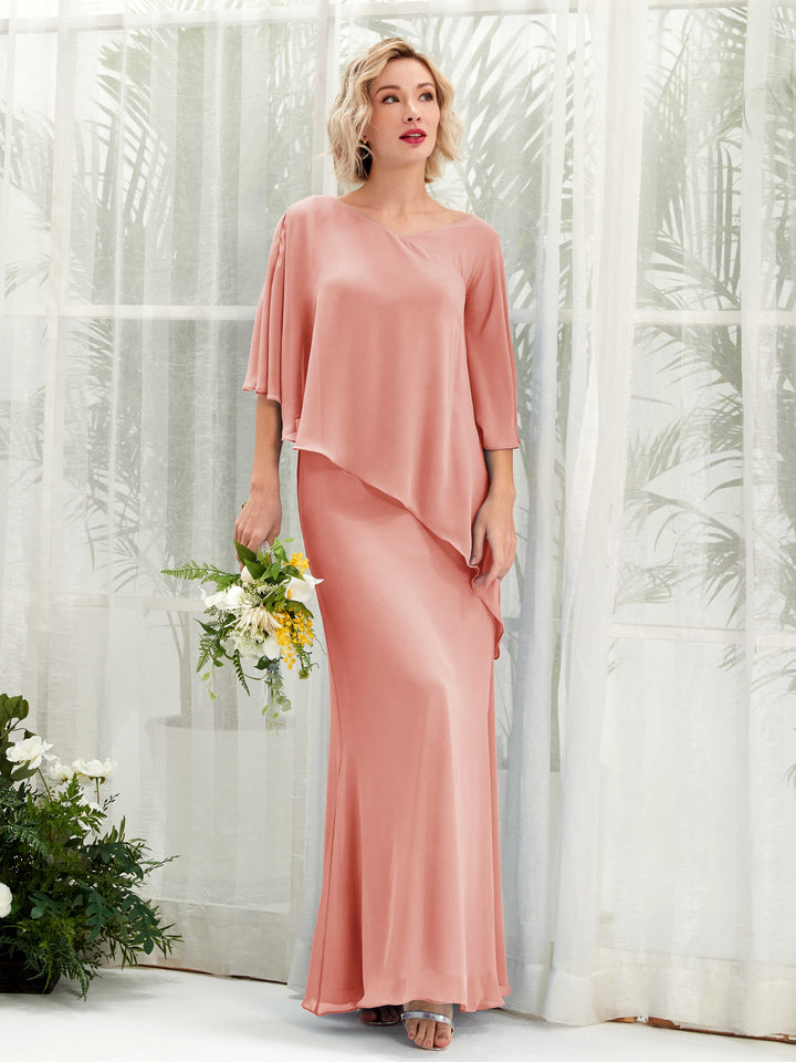 Champagne Rose Bridesmaid Dresses Bridesmaid Dress Bohemian Chiffon V-neck Full Length 3/4 Sleeves Wedding Party Dress (81222506)