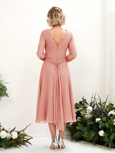 Carlyna Joanna A-Line Champagne Rose Bridesmaid Dress Midi Long Sleeve V-Neck Back View #color_champagne-rose