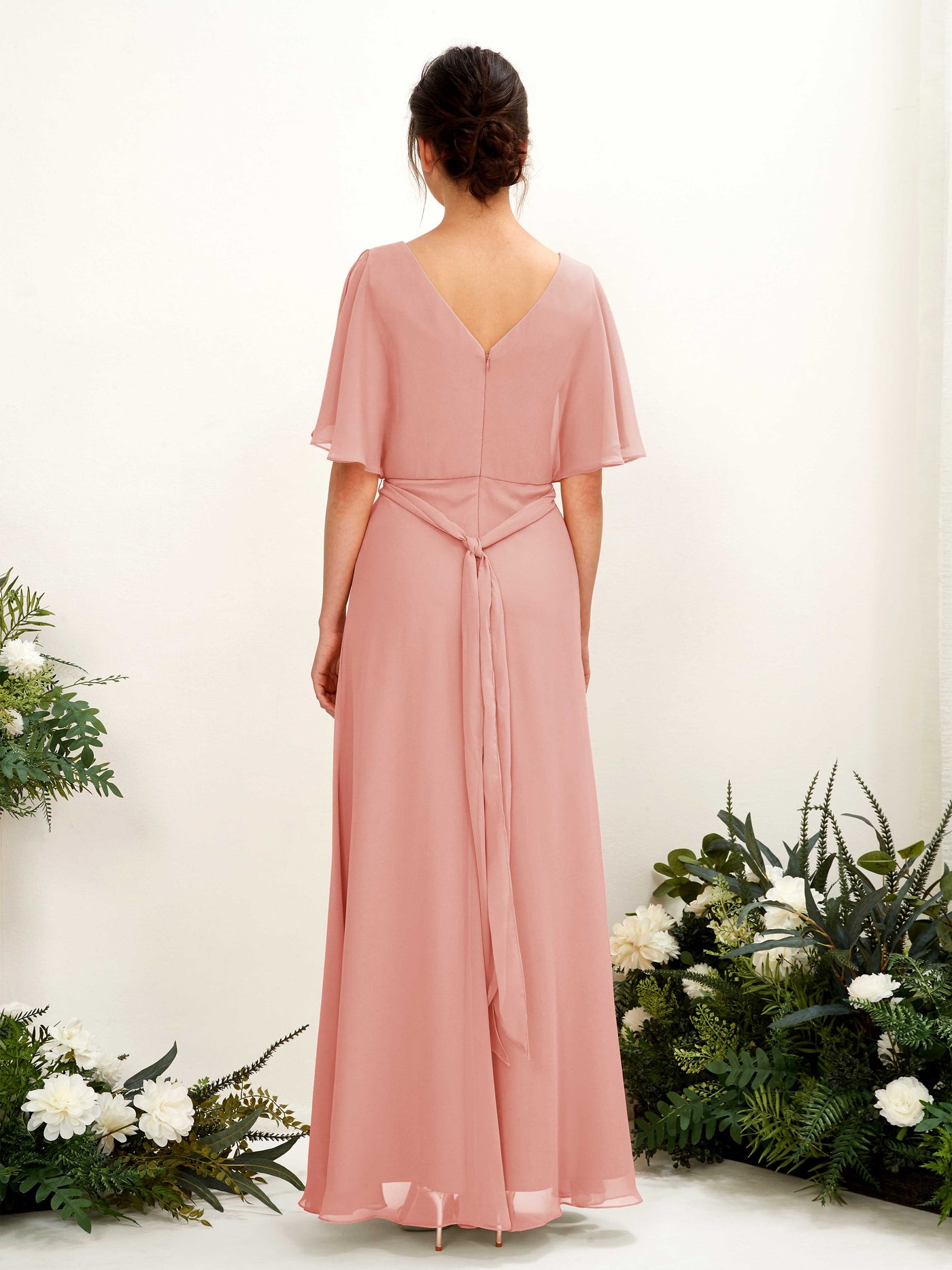 Champagne Rose Bridesmaid Dresses Bridesmaid Dress A-line Chiffon V-neck Full Length Short Sleeves Wedding Party Dress (81222406)#color_champagne-rose